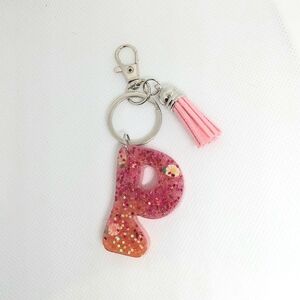Pink Glitter Initial Keychain with Tassel